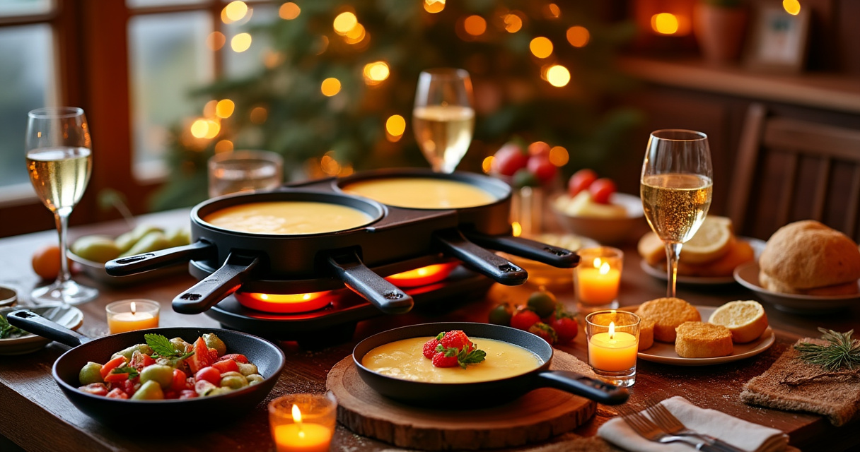 Festlich gedeckter Silvestertisch mit Raclette-Grill und Pfännchen